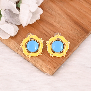 Natural Sleeping Beauty <b>Turquoise</b> Gemstone <b>Stud</b> <b>Earrings</b> Gold Plated Brass Bezel Setting Fashion Jewelry for Women - Product Image 2