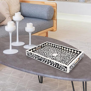 Plateau en bois d'incrustation d'os artisanal plateau de service polyvalent ou plateau décoratif en bois métal bambou marbre - Product Image 3