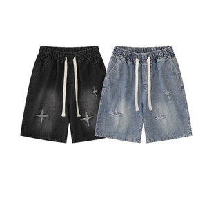 Pantalones Cortos de Mezclilla Desgastados para Hombre, Corte Recto, Rotos, Lavados, de Algodón, Casuales, de Verano, Cintura Media, con Cordón, Negros y Azules - Product Image 1