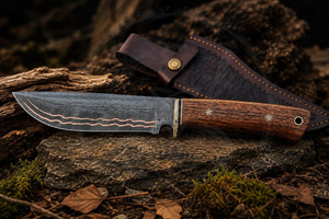 Professional Portable Straight Hunting Knife Outdoor Survival <b>Copper</b> Damascus Steel Fixed Blade Brass Guard with Wooden Handle - Product Image 2