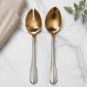 Ensemble de 2 Cuillères à Salade Dorées |   Ensemble de cuillères et fourchettes de service en acier inoxydable bicolore avec manche argenté - Product Image 6