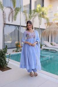 Awesome Sky Blue <b>Bead</b> Embroidered Chanderi Women's Party Ankle-Length Reversible Gown <b>Set</b> - Product Image 3