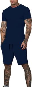 Conjunto de 2 piezas para hombre, conjunto de verano, chándal informal, camisa y pantalones cortos, azul marino - Product Image 2