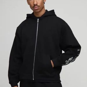Sweat à capuche noir uni avec fermeture éclair, motif floral, poches kangourou, coupe oversize, style streetwear décontracté, unisexe, chaud, 100% coton, polaire d'hiver, tendance - Product Image 3