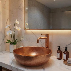 Handmade <b>Round</b> Copper Countertop Sink Hammered Vessel <b>Basin</b> for Contemporary Bathroom Vanity and Interior Design - Product Image 5