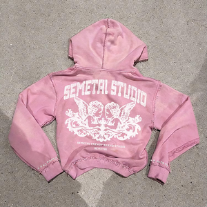 <b>Men</b> Double Zip up Hoodies Custom Graphic Rhinestone Washed Hoodies Heavyweight French Terry 100% Cotton Oversized Hoodie - Product Image 2