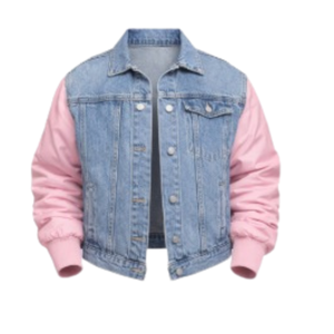 Chaqueta Bomber de Mezclilla Azul para Mujer con Mangas Rosa en Contraste, Ropa Casual de Calle, Prenda Exterior de Moda, Bordado Personalizado, Venta al Por Mayor - Product Image 1