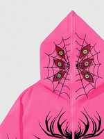 Sweat à capuche zippé surdimensionné rose personnalisé avec motif araignée, style streetwear, sweat à capuche personnalisé avec toile d'araignée, zippé