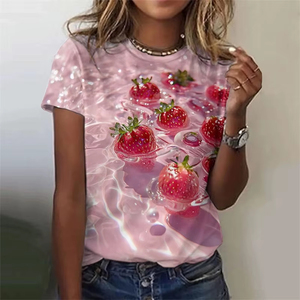 Camiseta de Mujer con Estampado de Frutas Onduladas, Fresa y Sandía, Impresión 3D, Manga Corta, Corte Regular, Transpirable, 100% Algodón Ecológico - Product Image 5