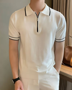 Men's Short Sleeve Solid Color Knitted Polyester/Cotton for Shirt Breathable Casual Regular Fit 180g White Black Trim Collar - Product Image 2