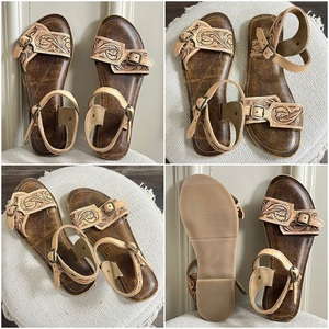 Sandalias de Punta abierta marrón para mujer, chanclas informales de cuero con estilo occidental, auténticas, hechas a mano, calzado de flores planas - Product Image 3