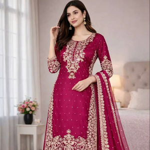 Ensemble Kurti Palazzo Dupatta en soie brodée de luxe pour femmes, pour les mariages - Product Image 1