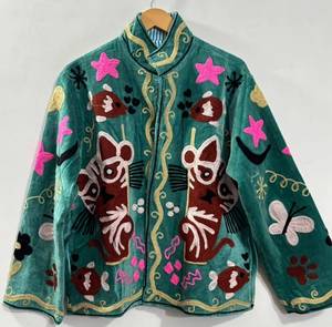 Wholesale Handmade Velvet Cat Mouse Embroidered Jacket <b>Women</b> Boho Winter Short <b>Coat</b> Cute Animal Motif Vintage Ethnic Casual - Product Image 3