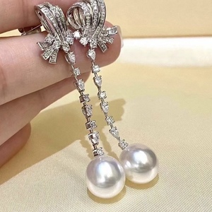 Wenchi S925 Pure Silver <b>Earrings</b> with 10-11MM Natural Round <b>Pearls</b> Almost Flawless Elegant Design for Women China - Product Image 2