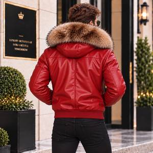 Men's Leather <b>Fox</b> <b>Fur</b> Hood Winter Jacket | Chaqueta de Cuero para Hombre | Veste Cuir Motard Homme, Sheep Leather Jacket - Product Image 2