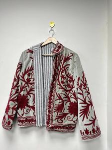 Ethnic Gray <b>Velvet</b> Suzani Embroidered <b>Jacket</b> with Floral Pattern Full Sleeve Stand Collar Bohemian <b>Women's</b> Autumn Outerwear - Product Image 5
