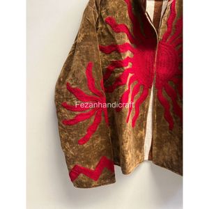 Veste en velours à col mandarin, manches longues, broderie rouge, motif géométrique, vêtements d'hiver pour femmes, manteau, style bohème chic - Product Image 4