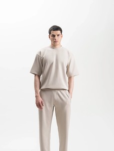 Oversized Beige 100% Cotton Formal <b>Men's</b> Short Sleeve <b>Turtleneck</b> Knitted Breathable Solid Color Regular Fit - Product Image 1