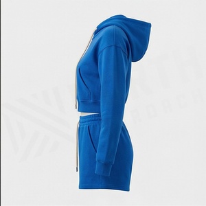 Conjunto de Sudadera con Capucha y Pantalones Cortos de 2 Piezas para Mujer, Color Azul, Felpa, Ropa Deportiva Informal, Largo por Encima de la Rodilla, Manga Larga, Color Sólido - Product Image 3