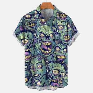 เสื้อเชิ้ตแขนสั้นพิมพ์ลายดอกไม้สำหรับผู้ชาย ระบายอากาศได้ดี สไตล์ลำลอง ธีมสยองขวัญฮาโลวีน ติดกระดุม ผ้าฝ้ายออร์แกนิค - Product Image 1