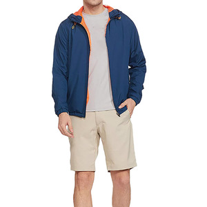 Men's Navy <b>Blue</b> Hooded Windproof Jacket Regular Fit Zipper Closure Casual Style Autumn Wear Polyester <b>Material</b> - Product Image 1