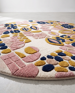 Tapis abstrait rectangulaire DECORDEC rose moutarde marine, 100% laine de Nouvelle-Zélande, motif galets organiques, blocs de mosaïque, antidérapant - Product Image 2