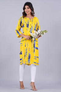 Women Yellow Tie <b>Dye</b> Printed Kurti with , 3/4 Sleeves Casual Ethnic Wear Straight Kurta for Daily Wear . - Product Image 6