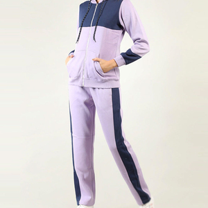 Damen Lila-Marineblau Farbblock Kapuzen-Trainingsanzug Langarm Reißverschluss Freizeitkleidung mit Seitentaschen Herbstbekleidung - Product Image 3