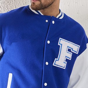 Men's Blue Varsity <b>Jacket</b> With White Letter F Embroidery Preppy Style Regular Fit Single Breasted Turn-down <b>Collar</b> Autumn Wear - Product Image 4