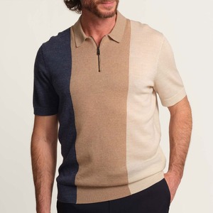 Camiseta de Manga Corta para Hombre, Cuello Alto, Bloques de Color, Tejido de Punto, Corte Regular, Casual, Holgada, Transpirable, 100% Algodón, Beige Marino - Product Image 3