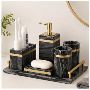 Luxury Natural Black Marble <b>Bathroom</b> <b>Accessories</b> <b>Set</b> 6-Piece with Gold Inlay Soap Dispenser Tray and Toothbrush Holder - Product Image 2