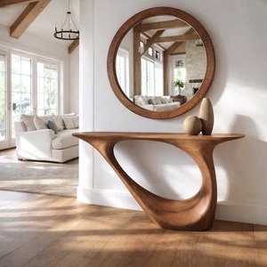Meuble d'entrée moderne pour maison/hôtel, console en bois massif brun, base irrégulière en forme de vague, plateau noir artisanal - Product Image 4
