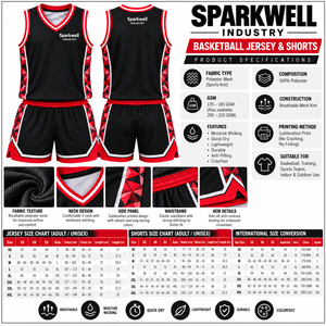 Ensemble de maillots de basket-ball pour hommes Sparkwell, noir et rouge, imprimé géométrique, col en V, sans manches, évacuation de l'humidité, uniforme d'équipe personnalisé, vente en gros - Product Image 3