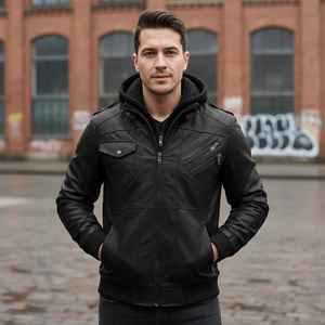 Blouson aviateur en cuir d'agneau véritable pour homme, à capuche, multicolore, fait main, avec capuche amovible, vêtement d'extérieur tendance - Product Image 1