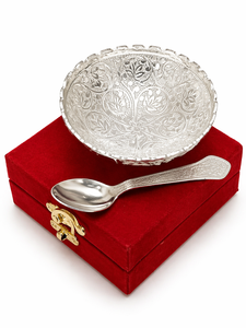 Engraved Decorative <b>Small</b> Bowl with Spoon Set of 2 Pcs in Silver Finish Aluminium Floral Design with Gift Box for Gifting - Product Image 2