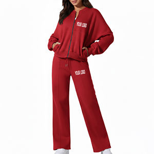 Conjunto deportivo personalizado para mujer de color sólido, chaqueta con capucha y cremallera, pantalones deportivos de pierna recta, conjunto de sudadera de algodón grueso. - Product Image 3