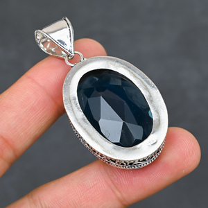 Magnifique pendentif en topaze bleue de Londres, pierre précieuse créée en laboratoire, en argent sterling 925, fait main, bijou statement, cadeau pour femme - Product Image 2