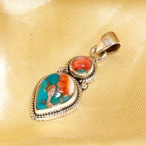 Pendentif artisanal vintage bohème en argent sterling 925 avec turquoise naturelle en forme de poire et coquille d'ormeau épineuse, idéal pour un anniversaire - Product Image 3