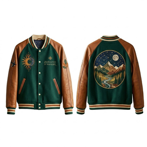 Chaqueta Varsity de Piel Sintética Verde para Hombre Harmony & Wander, Diseño Bordado de Luna y Montaña, Ropa Casual de Otoño - Product Image 1