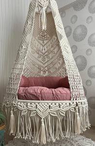 Cream <b>macrame</b> swing with pink cushions, <b>Hanging</b> <b>Chair</b>, Hängesessel, Swing <b>Chair</b>, <b>Macrame</b> Rocking - Product Image 3