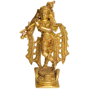 Sculpture en laiton faite à la main de 5 pouces de Shri Krishna jouant de la flûte fabriquée en Inde pour les cadeaux - Product Image 1
