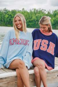 Sweat-shirt col rond 420 g/m² pour femme, coupe oversize, broderie, imprimé lettres 'America', manches classiques, en coton tricoté, pour l'automne - Product Image 2