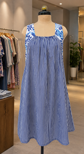 Blue <b>White</b> Floral Stripe Kaftan Gown Bandeau Neck Loose Fit Regular Fit Long <b>Maxi</b> Casual Summer Wear Simple Woven 1 Piece - Product Image 1