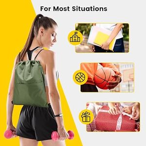 Hemistyles HM-W46 White Nylon <b>Drawstring</b> <b>Backpack</b> with Front Zipper Pocket 30-40L Capacity for Gym Sports Travel Outdoor Use - Product Image 5