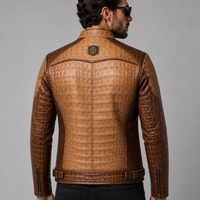 Veste en cuir marron pour homme, style motard, effet crocodile, col rabattu avec badge, fermeture éclair au dos