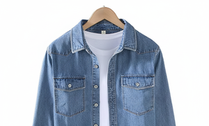 Chemise en jean à manches longues pour homme, col rabattu, boutonnée, avec deux poches poitrine, bleu uni - Product Image 3