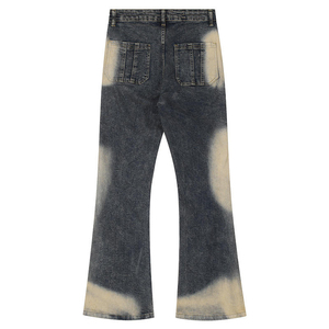 High Waist Flare Denim Pants <b>Bleach</b> Stone Wash Tie Dye Pattern Button Fly Casual Style Full Length 100% Cotton Woven Fabric - Product Image 2
