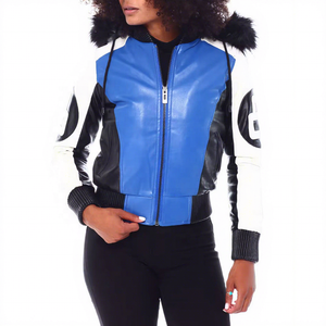 <b>Womens</b> Real Leather Hooded Jacket Blue <b>Black</b> 8 Ball Patch Sheepskin <b>Fur</b> Trim <b>Hood</b> Bomber <b>Coat</b> Custom Winter Warm Outerwear - Product Image 1