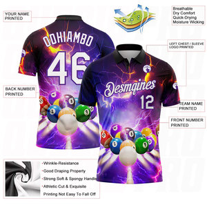 Chemises de golf sublimées à manches courtes, t-shirts antibactériens respirants, motifs violet, blanc, noir, chemises de billard. - Product Image 6
