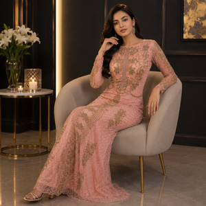 Vestido de Noche Largo de Lujo Color Rosa Rubor con Adornos para Mujer, Vestido Maxi con Cuentas y Mangas Largas, Elegante Vestido Formal para Fiesta, Boda o Recepción - Product Image 4